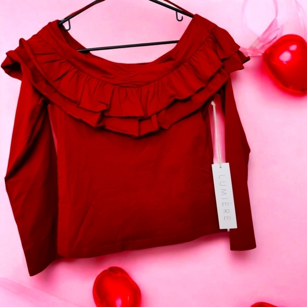 NWT Lumiere Double Layer Ruffle Top, Deep Red, M